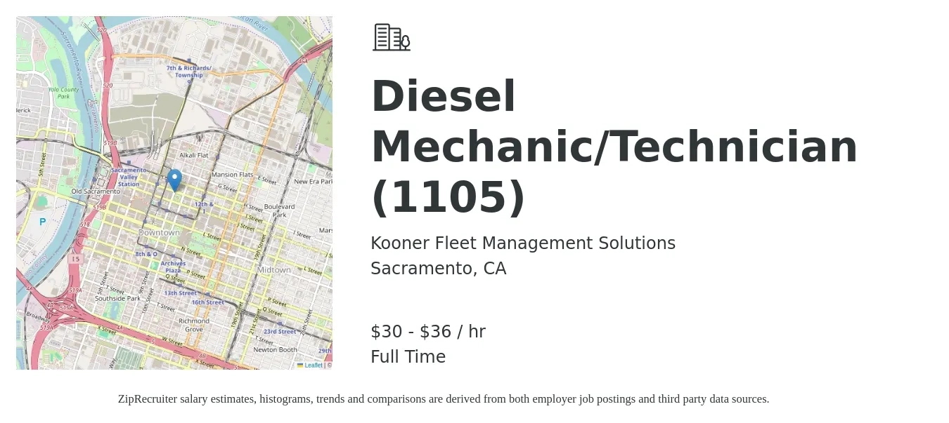 Kooner Fleet Management Solutions job posting for a Diesel Mechanic/Technician (1105) in Sacramento, CA with a salary of $32 to $38 Hourly with a map of Sacramento location.