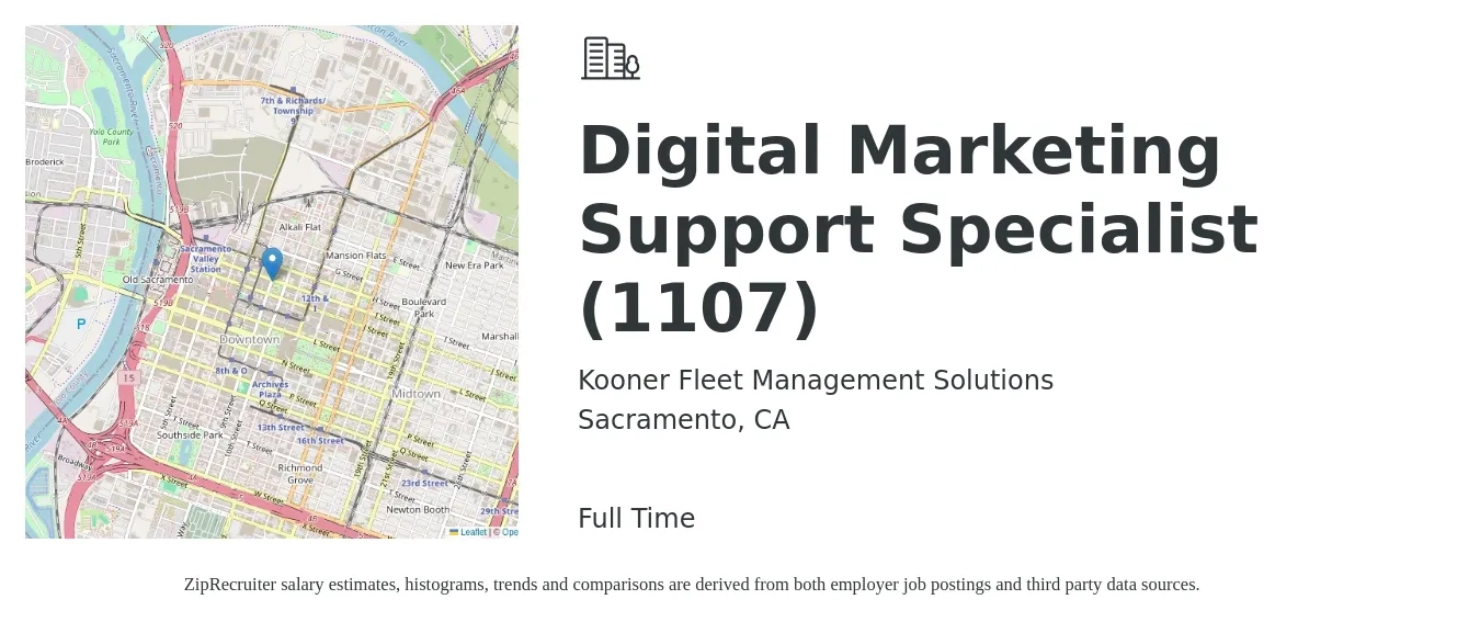 Kooner Fleet Management Solutions job posting for a Digital Marketing Support Specialist (1107) in Sacramento, CA with a salary of $53,300 to $79,400 Yearly with a map of Sacramento location.