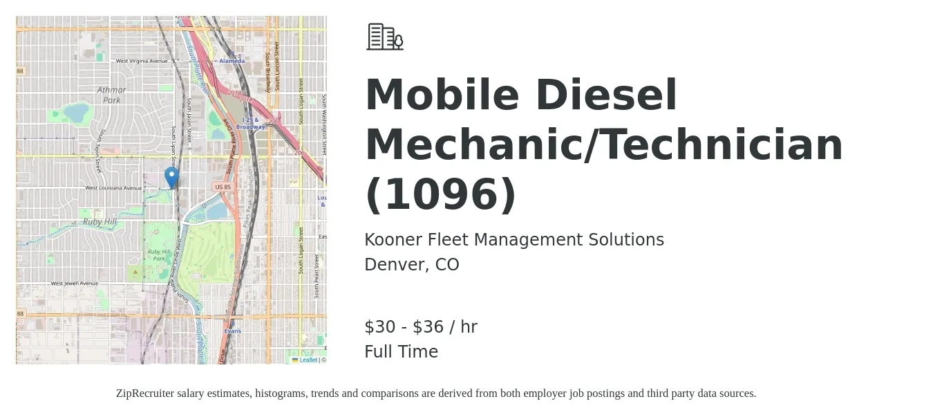 Kooner Fleet Management Solutions job posting for a Mobile Diesel Mechanic/Technician (1096) in Denver, CO with a salary of $32 to $38 Hourly with a map of Denver location.