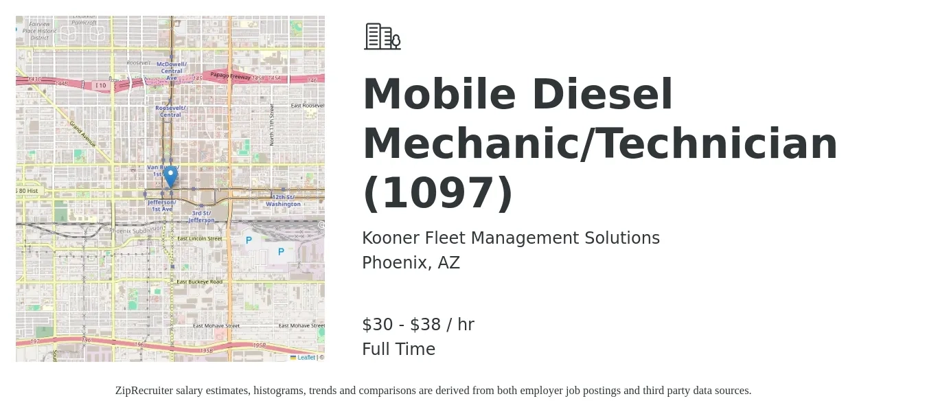 Kooner Fleet Management Solutions job posting for a Mobile Diesel Mechanic/Technician (1097) in Phoenix, AZ with a salary of $32 to $40 Hourly with a map of Phoenix location.
