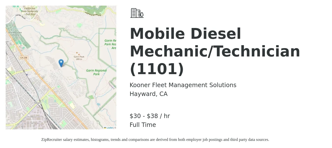 Kooner Fleet Management Solutions job posting for a Mobile Diesel Mechanic/Technician (1101) in Hayward, CA with a salary of $32 to $40 Hourly with a map of Hayward location.