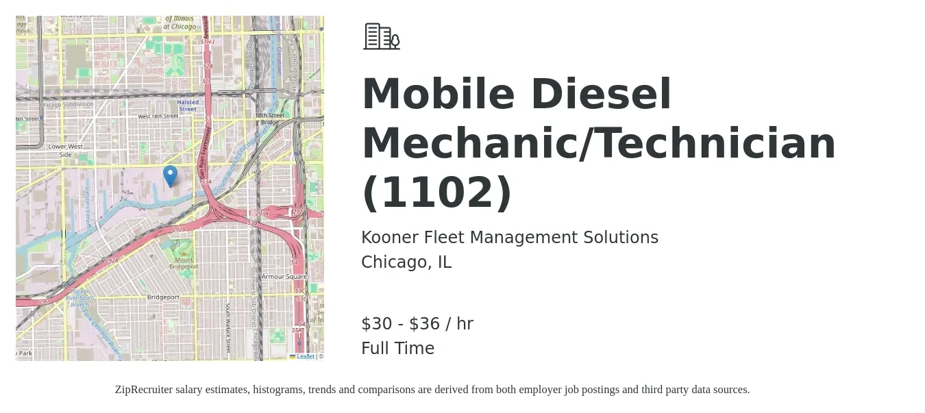 Kooner Fleet Management Solutions job posting for a Mobile Diesel Mechanic/Technician (1102) in Chicago, IL with a salary of $32 to $38 Hourly with a map of Chicago location.