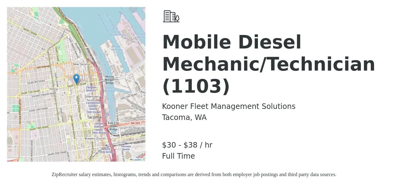Kooner Fleet Management Solutions job posting for a Mobile Diesel Mechanic/Technician (1103) in Tacoma, WA with a salary of $32 to $40 Hourly with a map of Tacoma location.