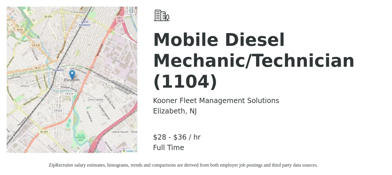 Kooner Fleet Management Solutions job posting for a Mobile Diesel Mechanic/Technician (1104) in Elizabeth, NJ with a salary of $30 to $38 Hourly with a map of Elizabeth location.