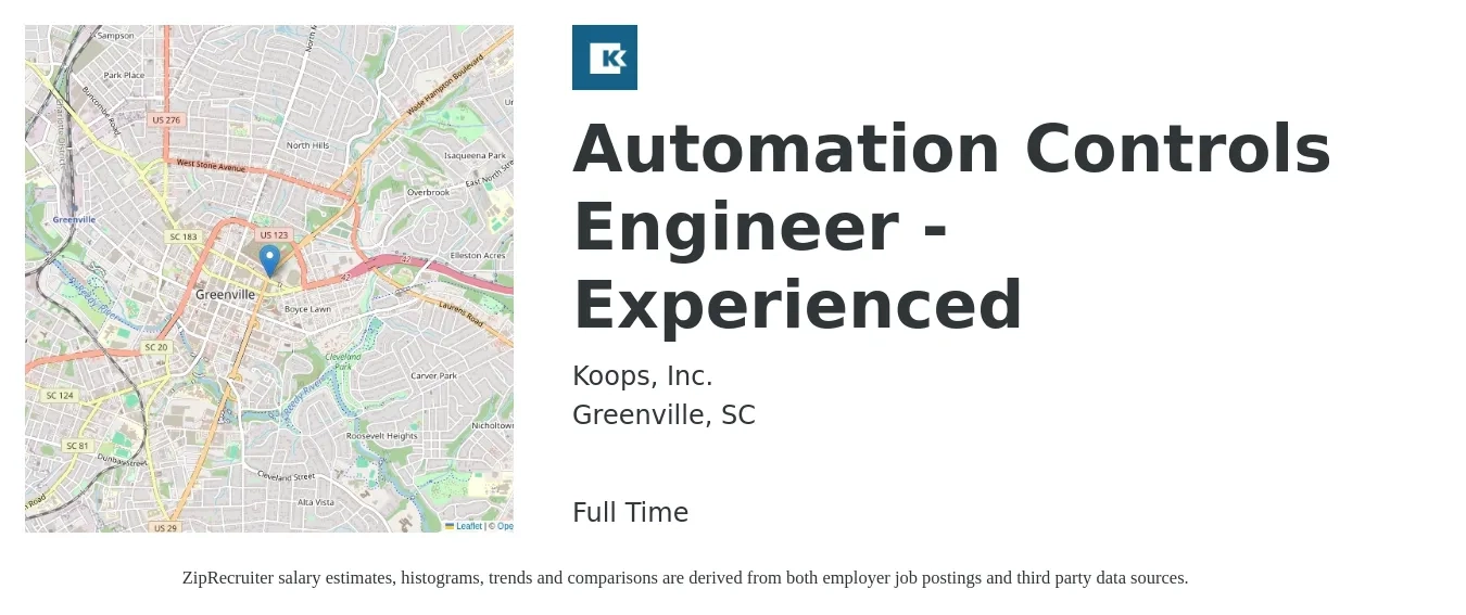 Koops, Inc. job posting for a Automation Controls Engineer - Experienced in Greenville, SC with a salary of $78,500 to $101,600 Yearly with a map of Greenville location.