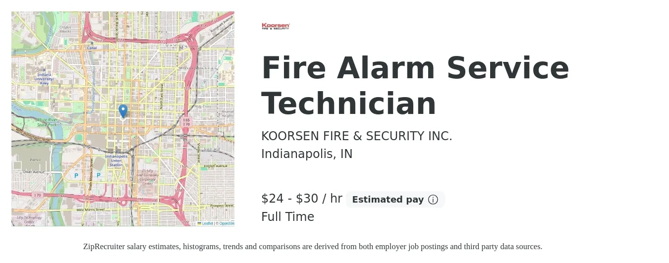 KOORSEN FIRE & SECURITY INC. job posting for a Fire Alarm Service Technician in Indianapolis, IN with a salary of $25 to $32 Hourly with a map of Indianapolis location.