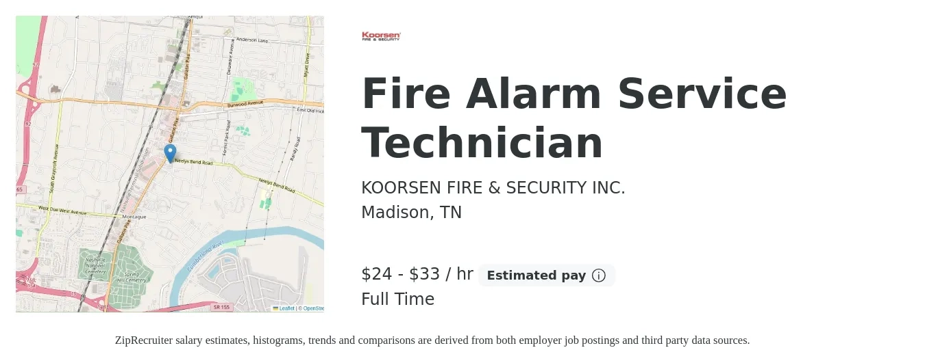 KOORSEN FIRE & SECURITY INC. job posting for a Fire Alarm Service Technician in Madison, TN with a salary of $25 to $35 Hourly with a map of Madison location.