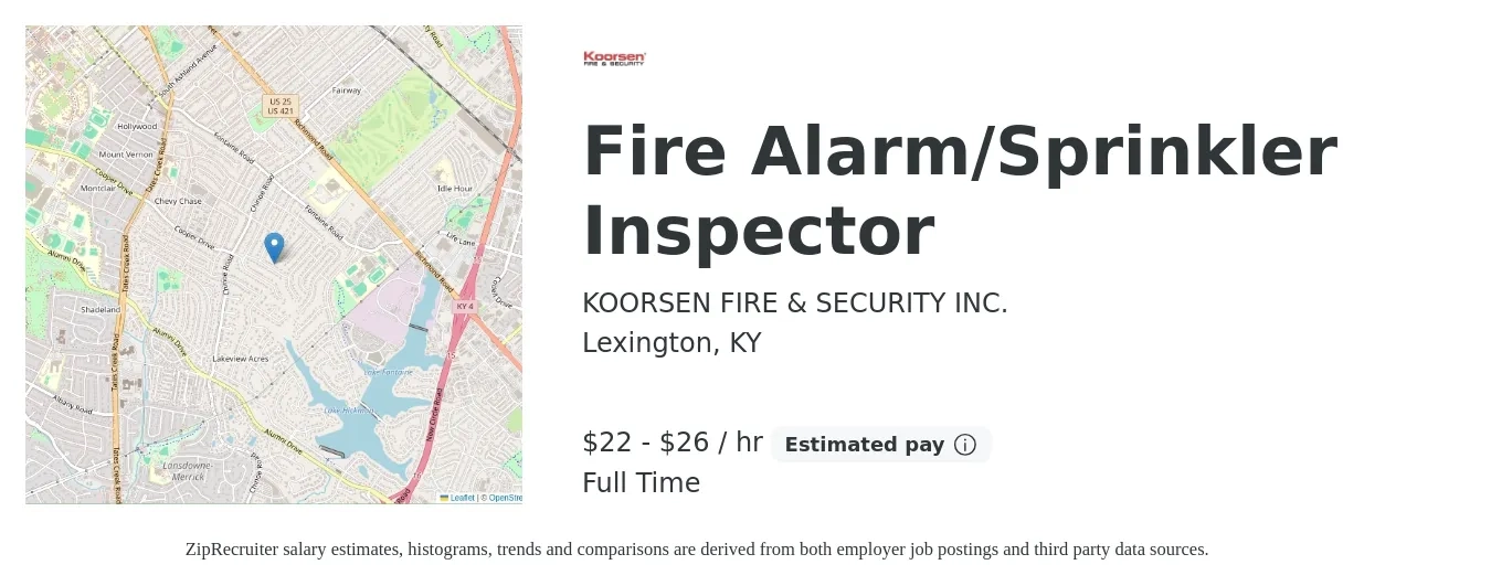 KOORSEN FIRE & SECURITY INC. job posting for a Fire Alarm/Sprinkler Inspector in Lexington, KY with a salary of $23 to $28 Hourly with a map of Lexington location.