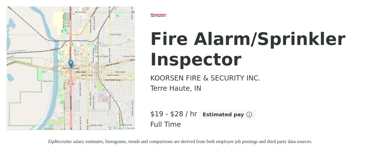 KOORSEN FIRE & SECURITY INC. job posting for a Fire Alarm/Sprinkler Inspector in Terre Haute, IN with a salary of $20 to $30 Hourly with a map of Terre Haute location.