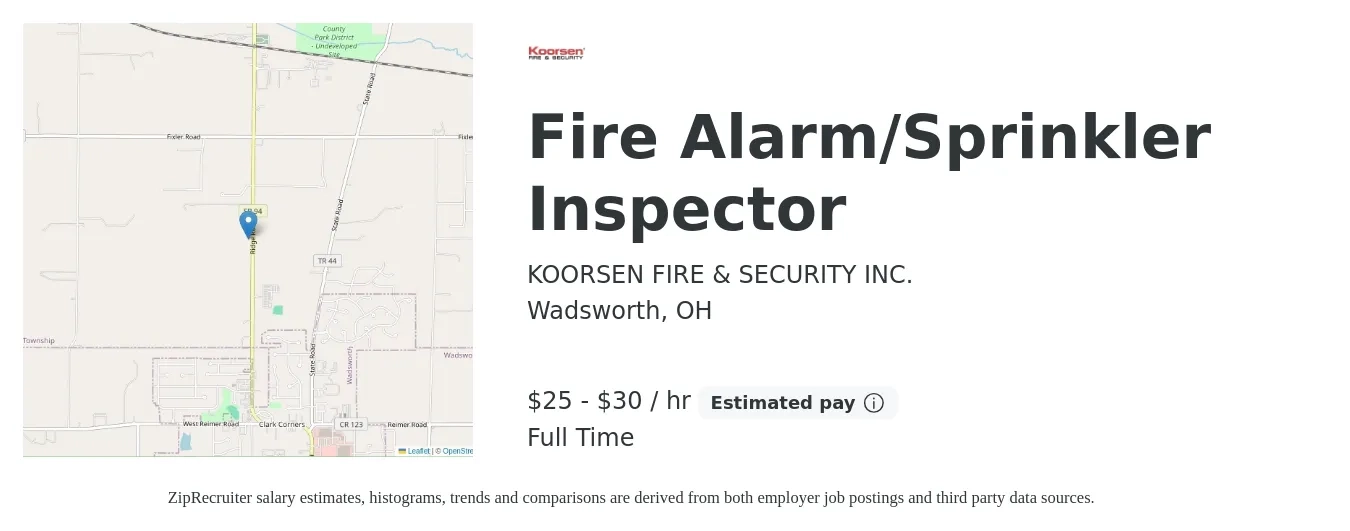 KOORSEN FIRE & SECURITY INC. job posting for a Fire Alarm/Sprinkler Inspector in Wadsworth, OH with a salary of $26 to $32 Hourly with a map of Wadsworth location.