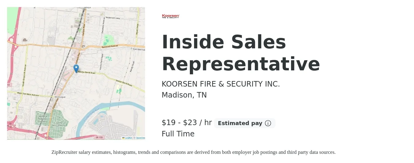 KOORSEN FIRE & SECURITY INC. job posting for a Inside Sales Representative in Madison, TN with a salary of $20 to $24 Hourly with a map of Madison location.