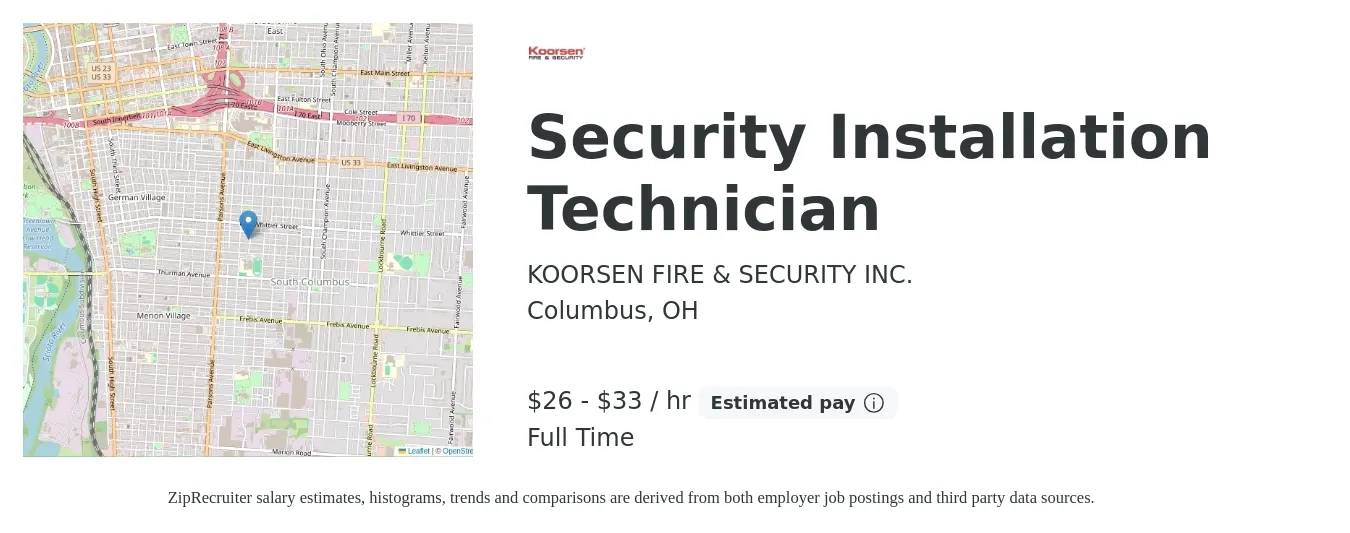 KOORSEN FIRE & SECURITY INC. job posting for a Security Installation Technician in Columbus, OH with a salary of $28 to $35 Hourly with a map of Columbus location.