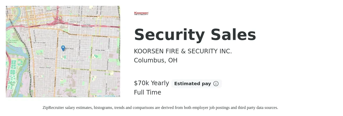 KOORSEN FIRE & SECURITY INC. job posting for a Security Sales in Columbus, OH with a salary of $70,000 Yearly with a map of Columbus location.