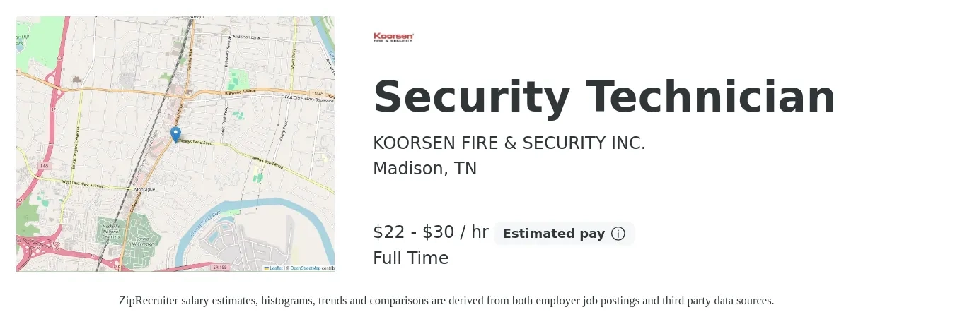 KOORSEN FIRE & SECURITY INC. job posting for a Security Technician in Madison, TN with a salary of $23 to $32 Hourly with a map of Madison location.