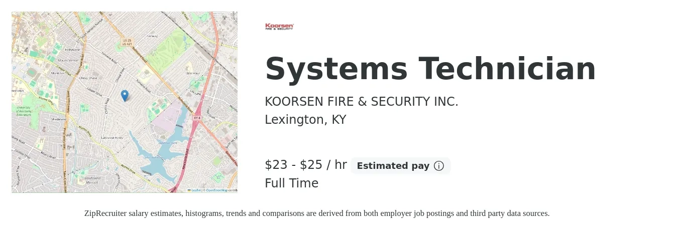 KOORSEN FIRE & SECURITY INC. job posting for a Systems Technician in Lexington, KY with a salary of $24 to $26 Hourly with a map of Lexington location.