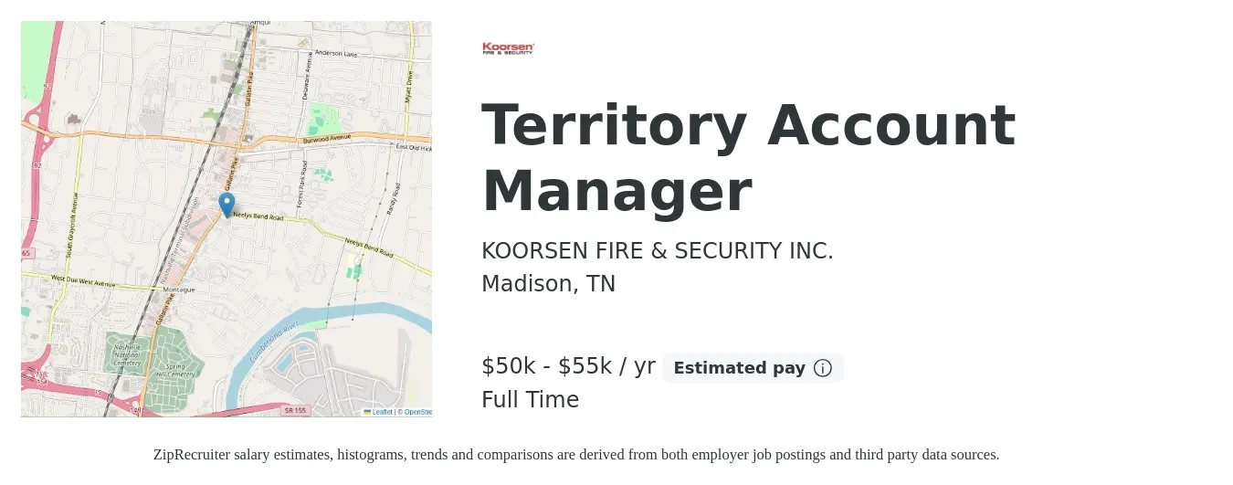 KOORSEN FIRE & SECURITY INC. job posting for a Territory Account Manager in Madison, TN with a salary of $50,000 to $55,000 Yearly with a map of Madison location.