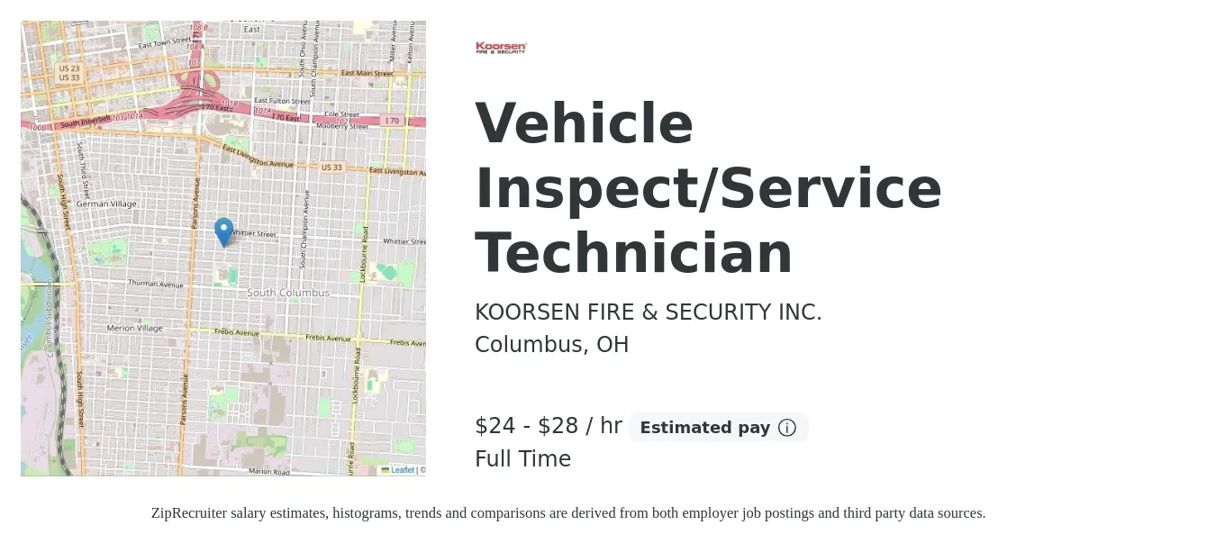 KOORSEN FIRE & SECURITY INC. job posting for a Vehicle Inspect/Service Technician in Columbus, OH with a salary of $25 to $30 Hourly with a map of Columbus location.
