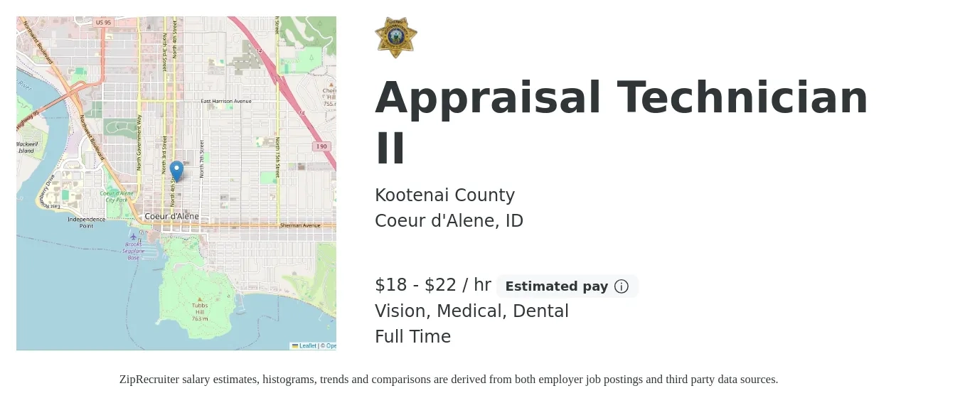 Kootenai County job posting for a Appraisal Technician II in Coeur d'Alene, ID with a salary of $19 to $23 Hourly and benefits including medical, pto, retirement, vision, dental, and life_insurance with a map of Coeur d'Alene location.