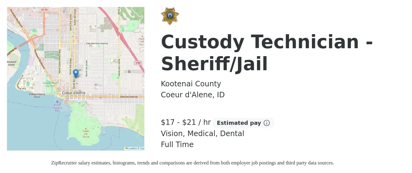 Kootenai County job posting for a Custody Technician -Sheriff/Jail in Coeur d'Alene, ID with a salary of $18 to $22 Hourly and benefits including life_insurance, medical, pto, retirement, vision, and dental with a map of Coeur d'Alene location.