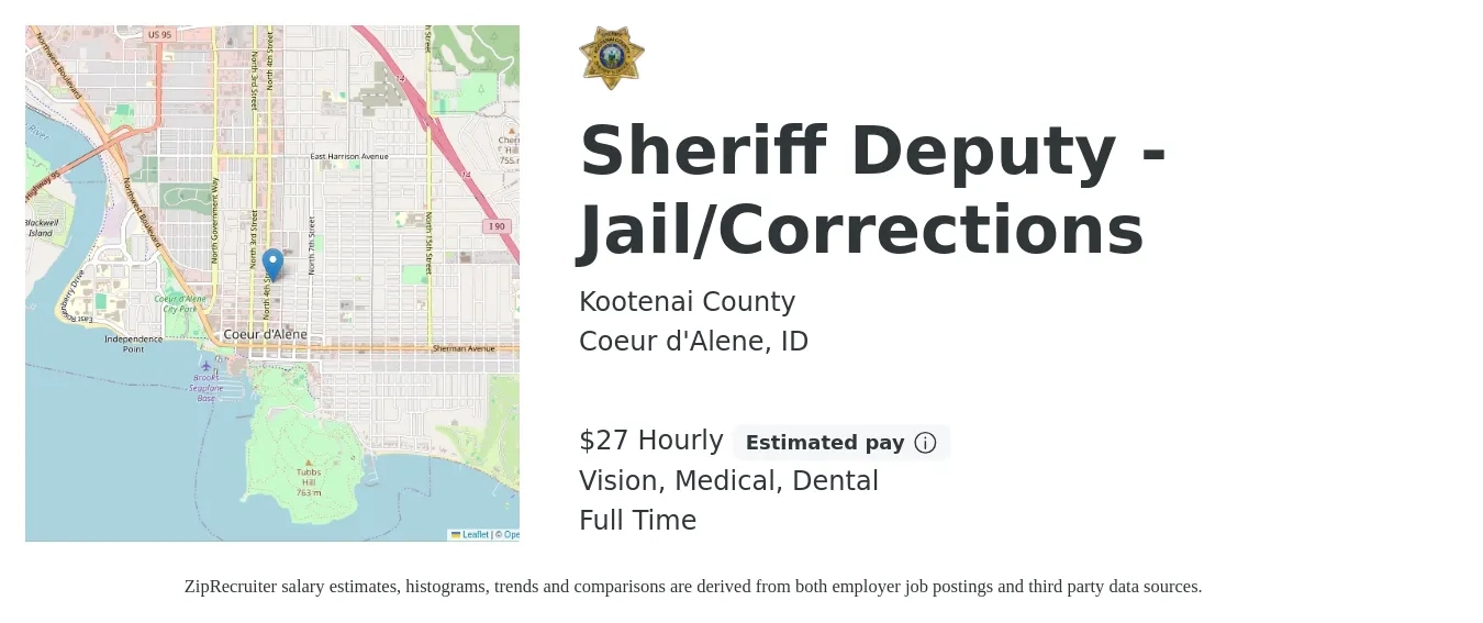 Kootenai County job posting for a Sheriff Deputy -Jail/Corrections in Coeur d'Alene, ID with a salary of $28 Hourly and benefits including dental, life_insurance, medical, pto, retirement, and vision with a map of Coeur d'Alene location.