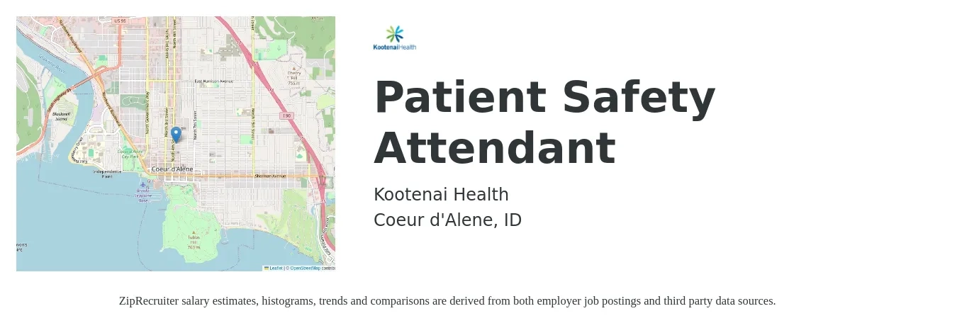 Kootenai Health job posting for a Patient Safety Attendant in Coeur d'Alene, ID with a salary of $15 to $17 Hourly with a map of Coeur d'Alene location.