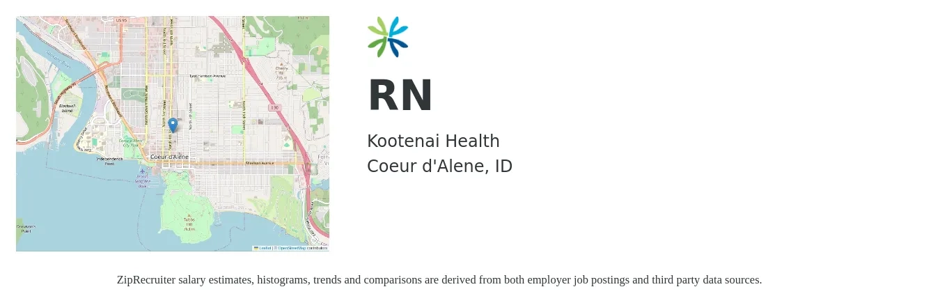 Kootenai Health job posting for a RN in Coeur d'Alene, ID with a salary of $32 to $51 Hourly with a map of Coeur d'Alene location.