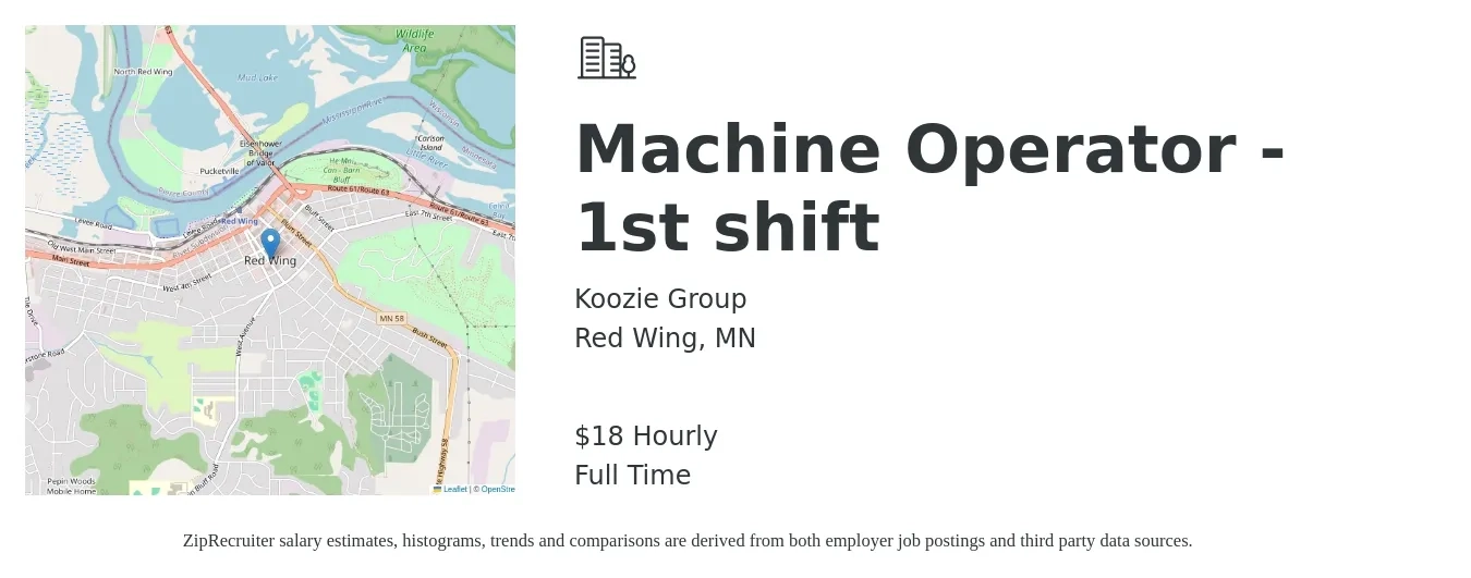 Koozie Group job posting for a Machine Operator - 1st shift in Red Wing, MN with a salary of $19 Hourly with a map of Red Wing location.