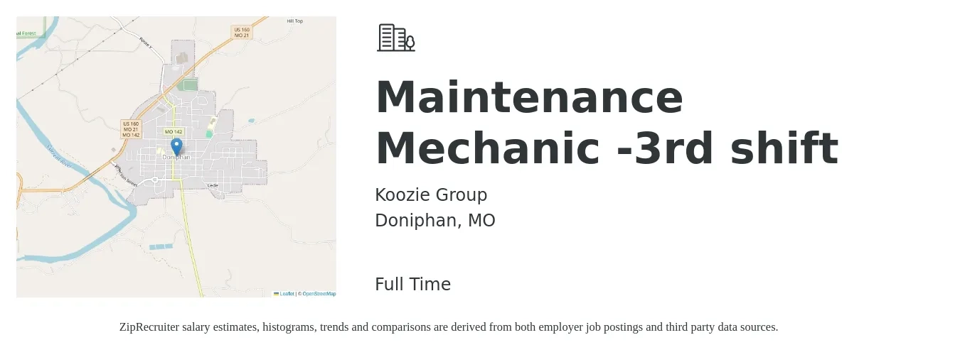 Koozie Group job posting for a Maintenance Mechanic -3rd shift in Doniphan, MO with a salary of $20 to $26 Hourly with a map of Doniphan location.