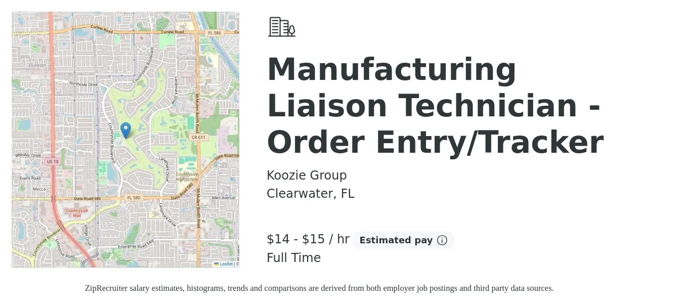 Koozie Group job posting for a Manufacturing Liaison Technician - Order Entry/Tracker in Clearwater, FL with a salary of $16 to $16 Hourly with a map of Clearwater location.