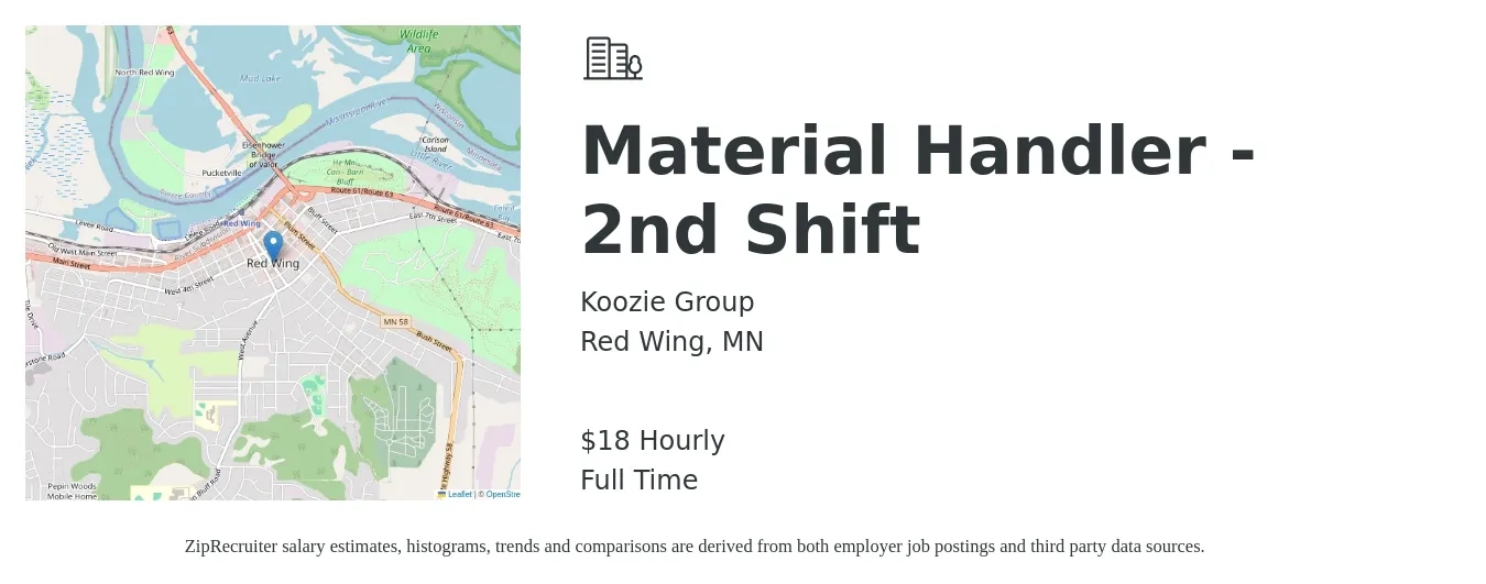 Koozie Group job posting for a Material Handler - 2nd Shift in Red Wing, MN with a salary of $19 Hourly with a map of Red Wing location.