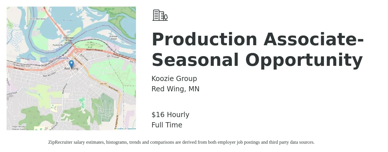 Koozie Group job posting for a Production Associate- Seasonal Opportunity in Red Wing, MN with a salary of $17 Hourly with a map of Red Wing location.