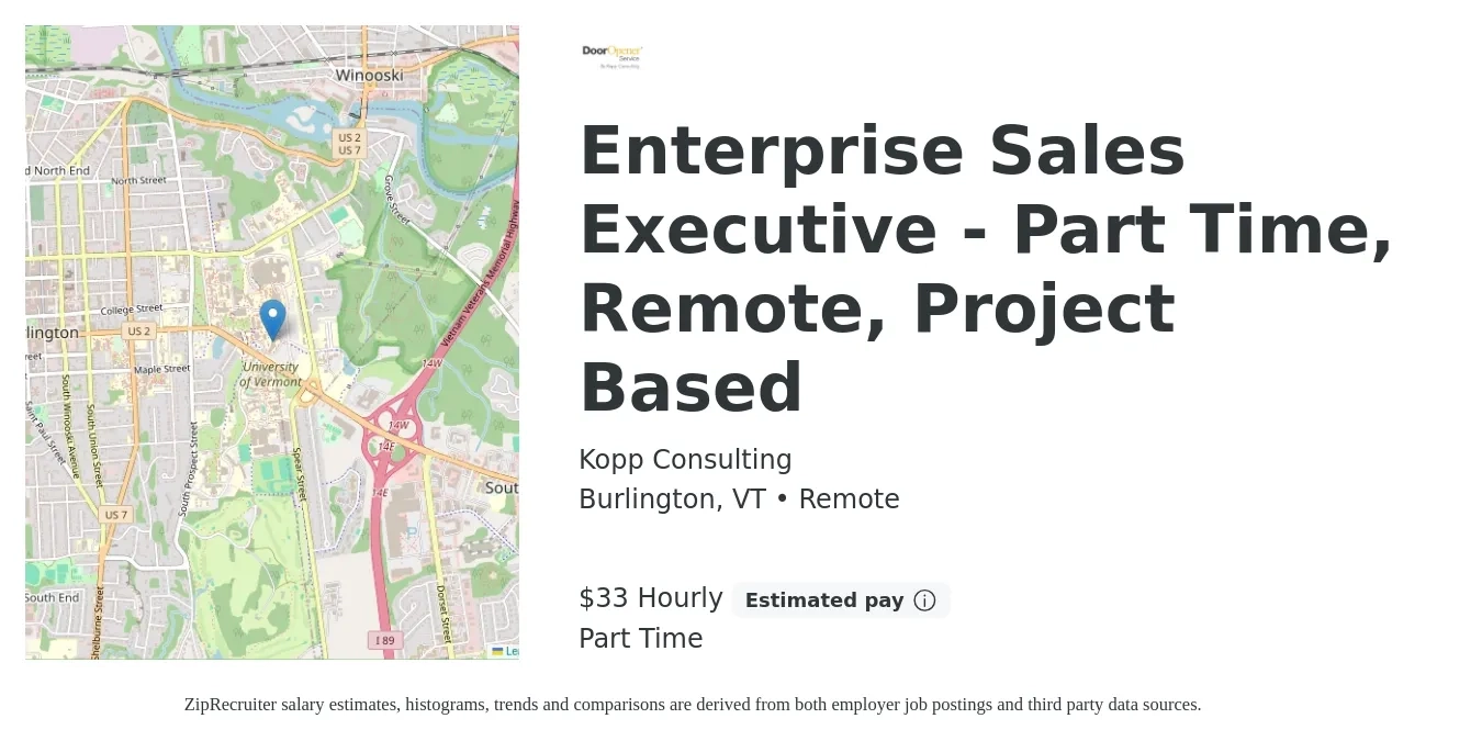Kopp Consulting job posting for a Enterprise Sales Executive - Part Time, Remote, Project Based in Burlington, VT with a salary of $35 Hourly with a map of Burlington location.