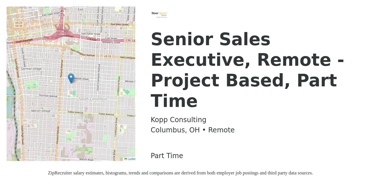 Kopp Consulting job posting for a Senior Sales Executive, Remote - Project Based, Part Time in Columbus, OH with a salary of $70,000 to $120,700 Yearly with a map of Columbus location.