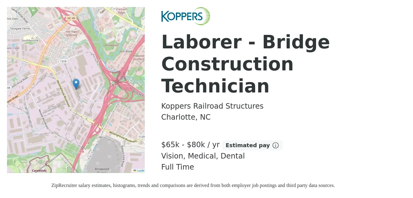 Koppers Railroad Structures job posting for a Laborer - Bridge Construction Technician in Charlotte, NC with a salary of $65,000 to $80,000 Yearly and benefits including dental, life_insurance, medical, pto, retirement, and vision with a map of Charlotte location.