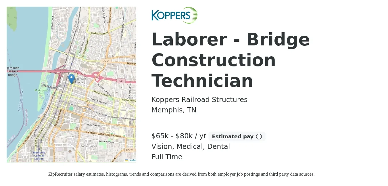 Koppers Railroad Structures job posting for a Laborer - Bridge Construction Technician in Memphis, TN with a salary of $65,000 to $80,000 Yearly and benefits including life_insurance, medical, pto, retirement, vision, and dental with a map of Memphis location.