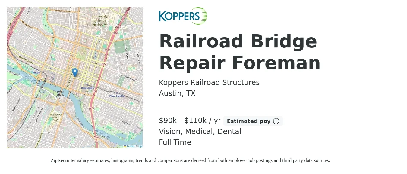 Koppers Railroad Structures job posting for a Railroad Bridge Repair Foreman in Austin, TX with a salary of $90,000 to $110,000 Yearly and benefits including dental, life_insurance, medical, pto, retirement, and vision with a map of Austin location.