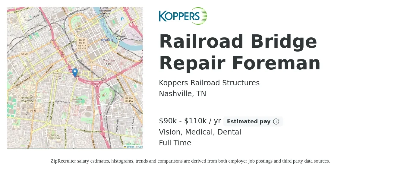 Koppers Railroad Structures job posting for a Railroad Bridge Repair Foreman in Nashville, TN with a salary of $90,000 to $110,000 Yearly and benefits including life_insurance, medical, pto, retirement, vision, and dental with a map of Nashville location.