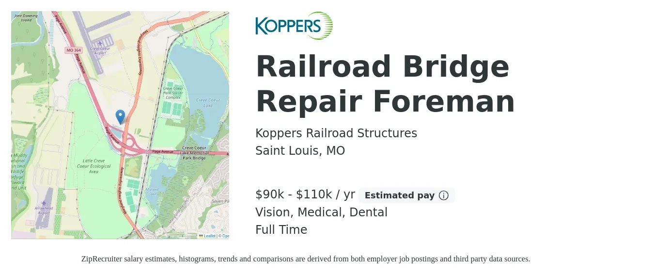 Koppers Railroad Structures job posting for a Railroad Bridge Repair Foreman in Saint Louis, MO with a salary of $90,000 to $110,000 Yearly and benefits including dental, life_insurance, medical, pto, retirement, and vision with a map of Saint Louis location.