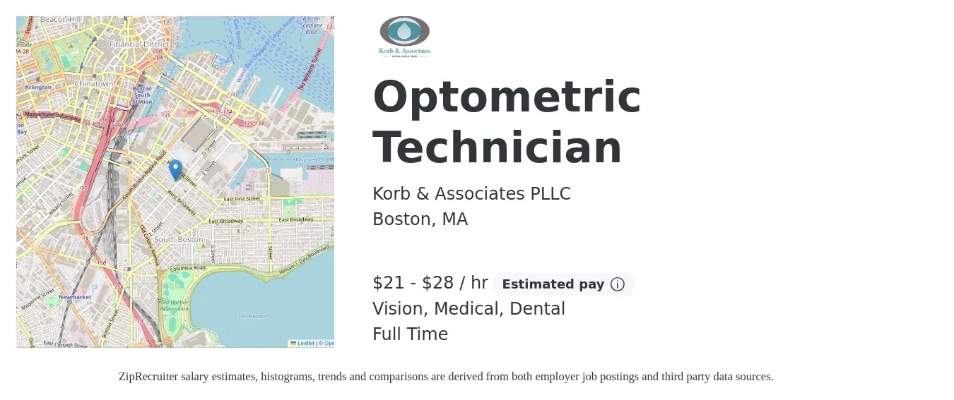 Korb & Associates PLLC job posting for a Optometric Technician in Boston, MA with a salary of $20 to $28 Hourly and benefits including dental, medical, and vision with a map of Boston location.