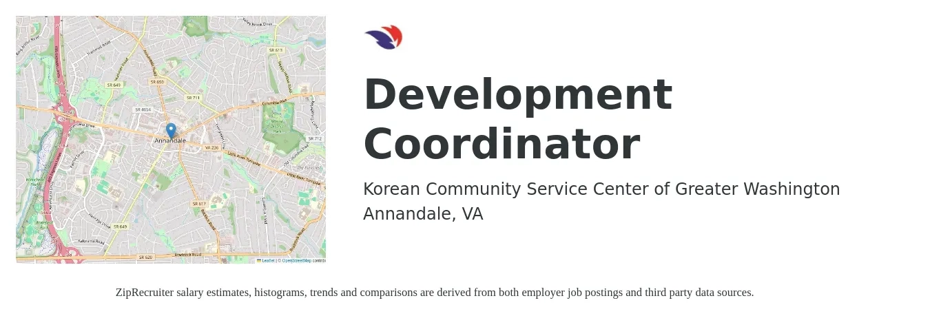 Korean Community Service Center of Greater Washington job posting for a Development Coordinator in Annandale, VA with a salary of $45,000 to $55,000 Yearly with a map of Annandale location.