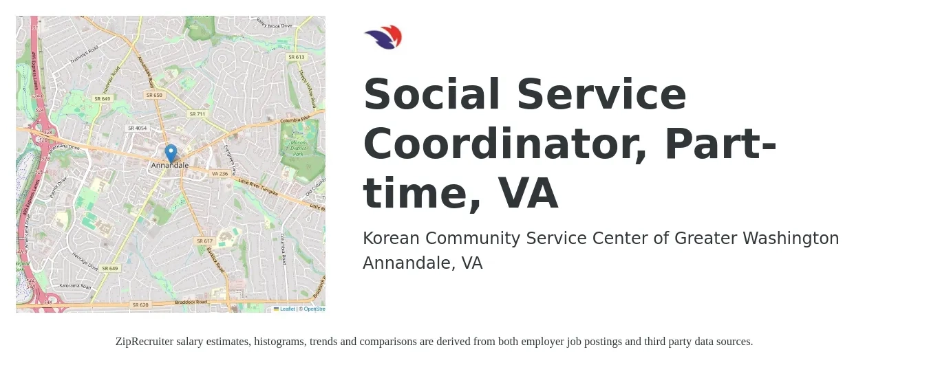 Korean Community Service Center of Greater Washington job posting for a Social Service Coordinator, Part-time, VA in Annandale, VA with a salary of $44,800 to $77,100 Yearly with a map of Annandale location.