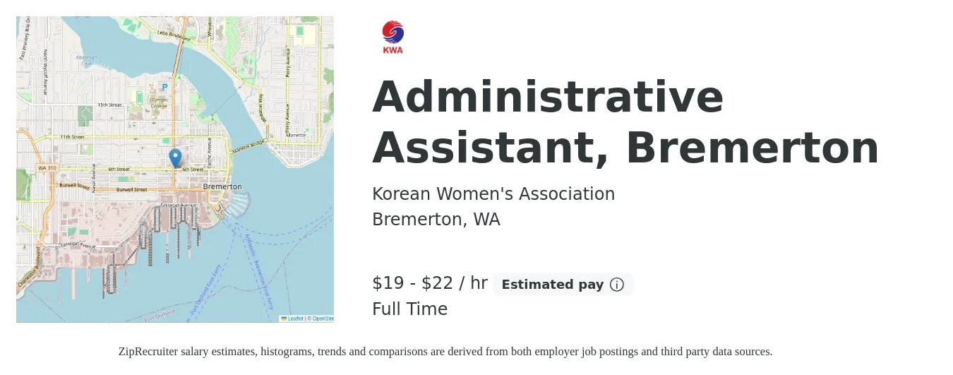 Korean Women's Association job posting for a Administrative Assistant, Bremerton in Bremerton, WA with a salary of $20 to $23 Hourly with a map of Bremerton location.