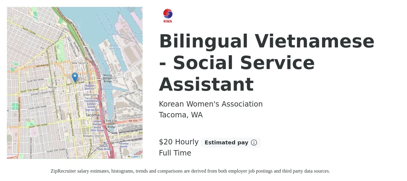 Korean Women's Association job posting for a Bilingual Vietnamese - Social Service Assistant in Tacoma, WA with a salary of $21 Hourly with a map of Tacoma location.