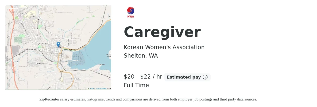 Korean Women's Association job posting for a Caregiver in Shelton, WA with a salary of $21 to $24 Hourly with a map of Shelton location.