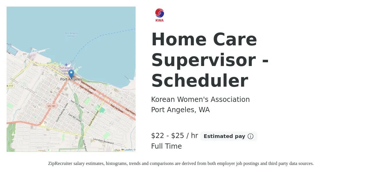 Korean Women's Association job posting for a Home Care Supervisor - Scheduler in Port Angeles, WA with a salary of $23 to $26 Hourly with a map of Port Angeles location.