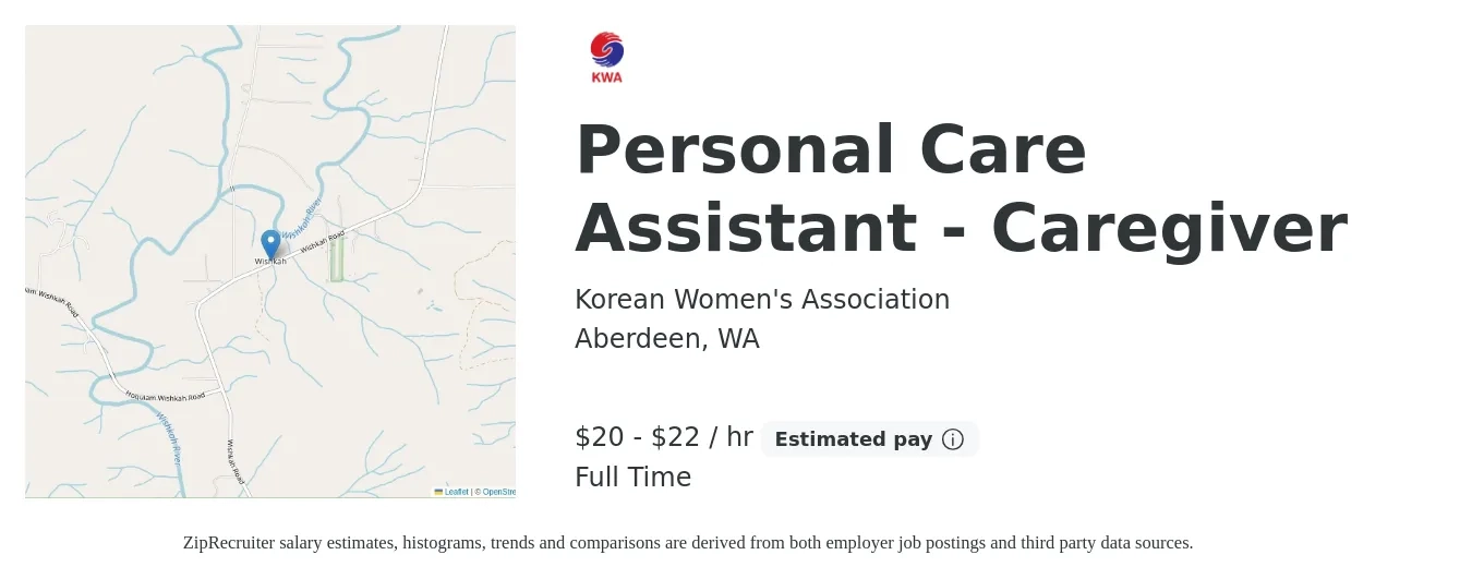 Korean Women's Association job posting for a Personal Care Assistant - Caregiver in Aberdeen, WA with a salary of $21 to $24 Hourly with a map of Aberdeen location.