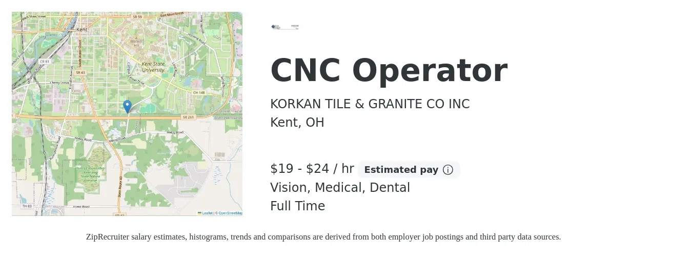 KORKAN TILE & GRANITE CO INC job posting for a CNC Operator in Kent, OH with a salary of $20 to $25 Hourly and benefits including dental, medical, retirement, and vision with a map of Kent location.