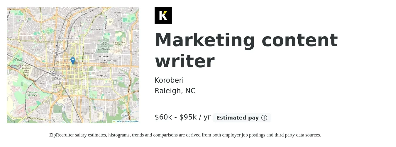 Koroberi job posting for a Marketing content writer in Raleigh, NC with a salary of $55,000 to $110,000 Yearly with a map of Raleigh location.
