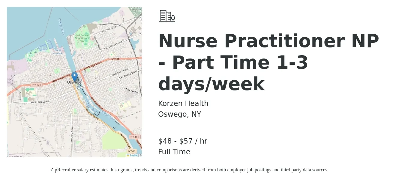 Korzen Health job posting for a Nurse Practitioner NP - Part Time 1-3 days/week in Oswego, NY with a salary of $50 to $60 Hourly with a map of Oswego location.