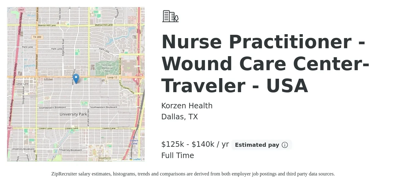 Korzen Health job posting for a Nurse Practitioner -Wound Care Center- Traveler - USA in Dallas, TX with a salary of $109,800 to $150,900 Yearly with a map of Dallas location.
